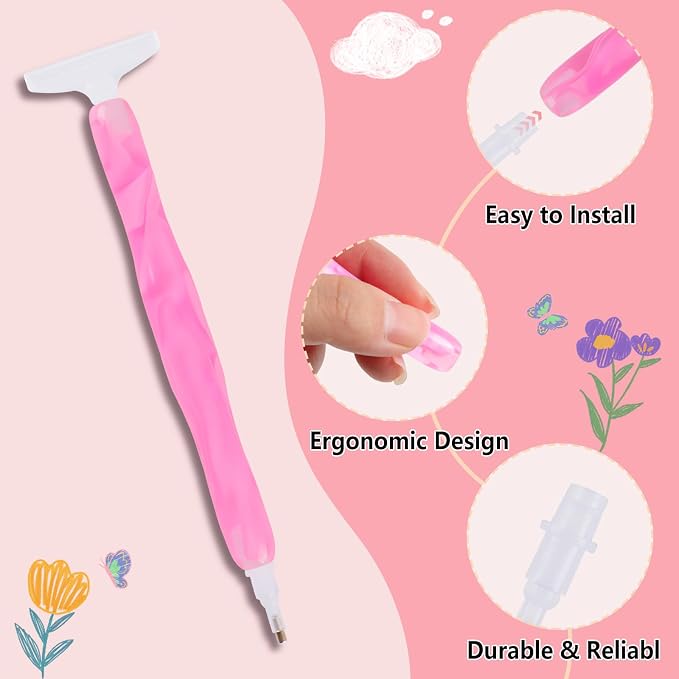 Phinus Diamond Art Pens 24P, Acrylic Diamond Painting Pen with Various Tips and Dotting Clay, Ergonomic Diamond Art Tools Set for 5D Gem Paintings (Pink)