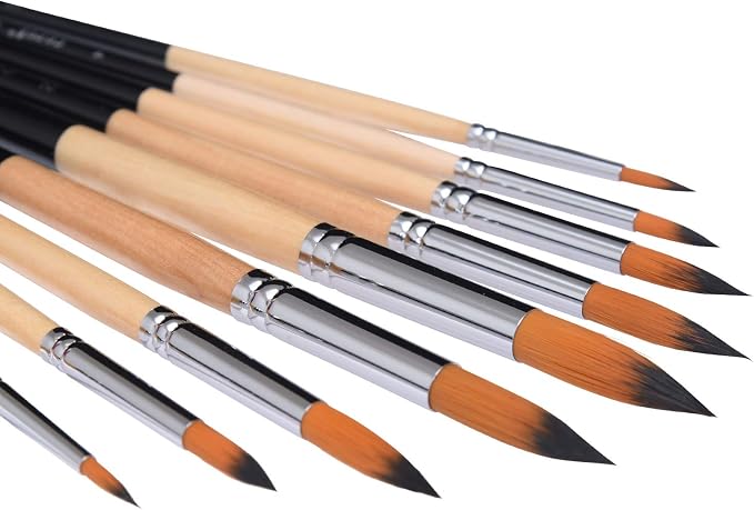 Artist Watercolor Brushes Set,9 Pcs Professional Painting Kits with Long Handle Soft Nylon Hair Round Tips Brushes for Acrylic Oil Watercolor Gouache (Pointed-Round)