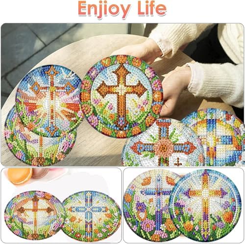 8 Pcs Christ Cross Diamond Art Coasters Kits 4x4 inch (Cork Wooden Pad)