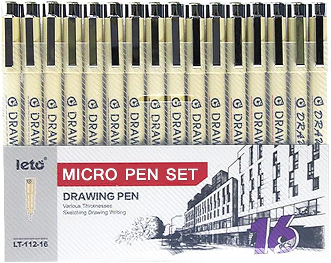 Muchcute Micro Fineliner Drawing Art Pens: 16 Black Artist Supplies Adults | Waterproof Archival Ink Set Fine Line Markers Liner,Sketch Outline Anime Gifts Manga Sketching Watercolor Zentangle Kit Stuff
