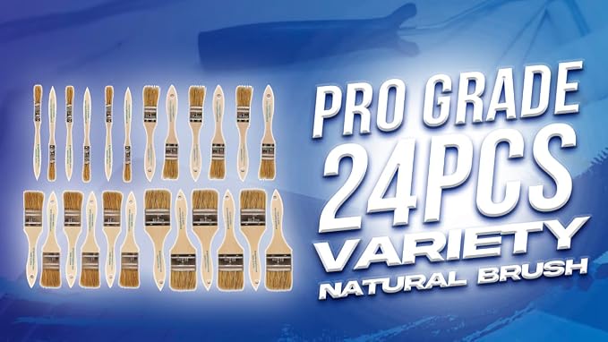 Pro Grade Chip Brushes, Disposable Paint Brushes, Assorted Sizes, 24 Piece | Natural bristle, wood handle | 4 widths, 6 of each | For stain, varnish & glue | Cabinets, furniture, crafts