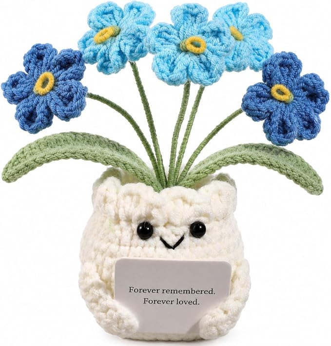 Handmade Crochet Forget Me Not Flower Pot Sympathy Gifts for Loss | Grief Support Gift, PET gift box, Meaningful Blue Forget Me Not Flower, Memorial Gift, Home & Desk Decor Gift Idea