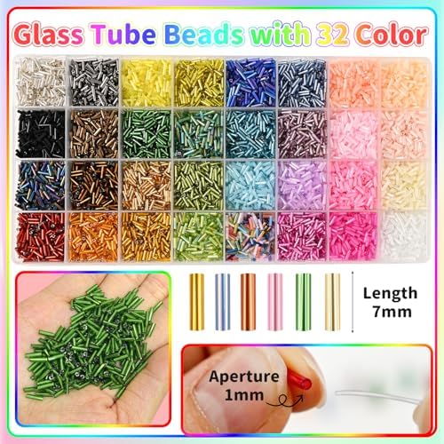 VvLons Glass Bugle Beads Kit 7mm 32 Colors Vibrant Tube Beads Kit for DIY Bracelet Necklaces Hand Embroidery Craft Enthusiasts & Home Decoration Jewelry Making Supplies for Adult