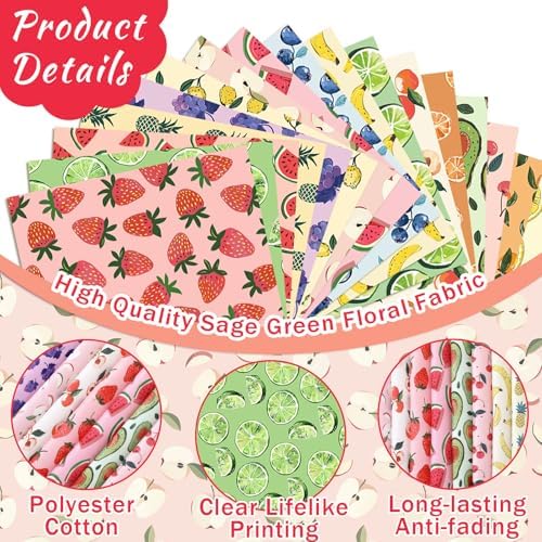 HunnmingRe 20 Pcs 10''x10'' Summer Fruit Quilting Fabric Square Lemon Strawberry Precut Quiltted Fabric Watermelon Pineapple Cherry Printed Patchwork Materials for Summer Sewing DIY Craft Supplies