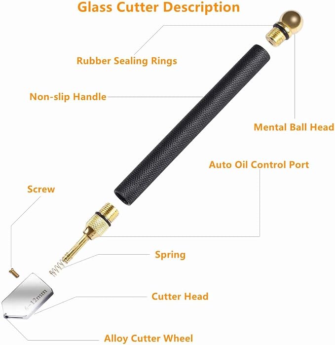 Glass Cutter Tool with Cutting Oil, Professional Glass Cutting Kit with Metal Ball Head, Oil Dropper, and 3 Replacement Cutting Heads