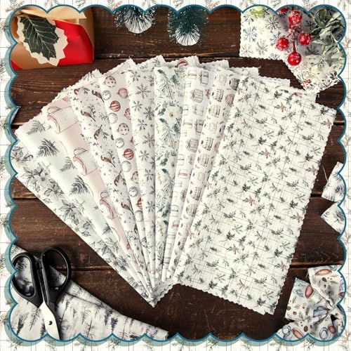 HunnmingRe 20 Pcs 10''x10'' Boho Christmas Quilting Fabric Square Woodland Beige Quiltted Fabric Bundle Rustic Winter Precuts Printed Patchwork Supplies for Xmas DIY Sewing Craft