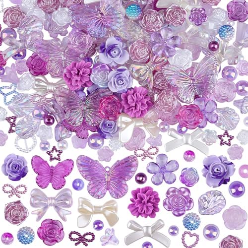 350 Pieces 3D Resin ABS Colorful Rose Flower Bows Butterfly Charms with Flatback Half Round Pearl Beads for Bracelet Earring Necklace Craft DIY Making Supplies