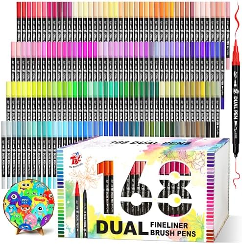 Brush Pens for Adult Coloring Books, 168 Colors Dual Tip Art Markers – Fine Tip for Outlining + Brush Tip for Coloring, Water-Based Non-Bleeding Markers for Journaling, Calligraphy, Hand Lettering