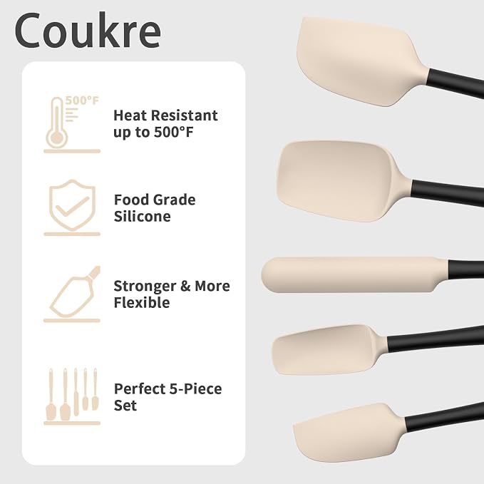 Coukre Silicone Spatula Set of 5,High Temperature Resistant, Food Grade Silicone, Dishwasher Safe, for Baking, Cooking (Beige Black)
