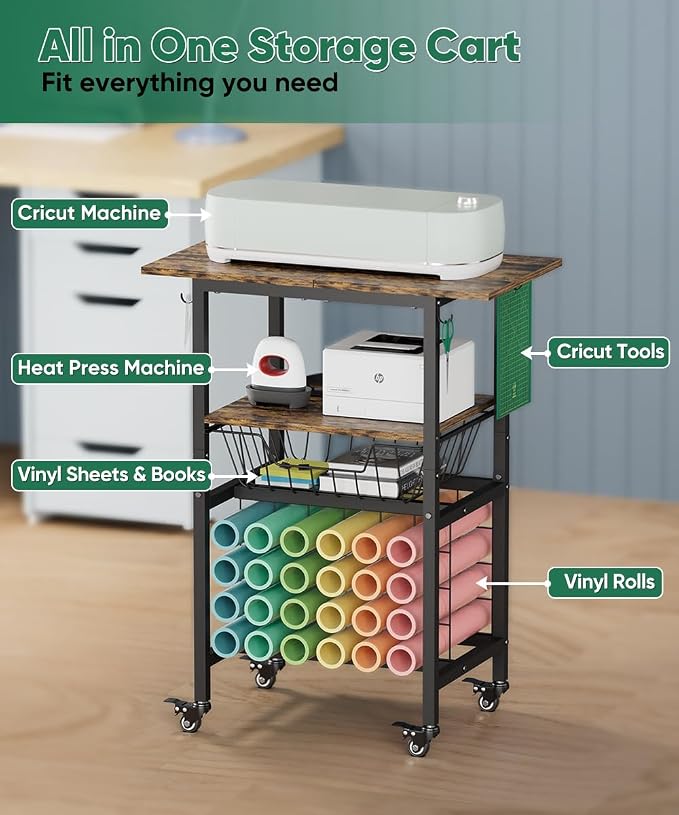 Queension Craft Cart with Wheels for Cricut Machines, Craft Organization and Storage Stand with Basket, Cutting Machine Stand for Cricut Accessories, Vinyl Roll Organizer, Black