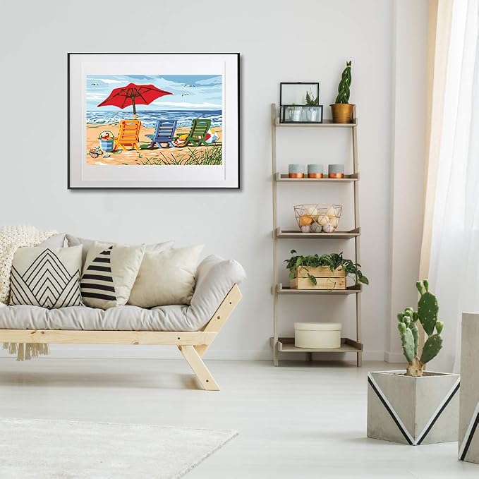 Ginkko Paint by Numbers Art Kit for Adults, 12x16 inch Beach Framed Canvas, Non-Toxic Acrylic Paints and Brushes, DIY Home Decor Gift