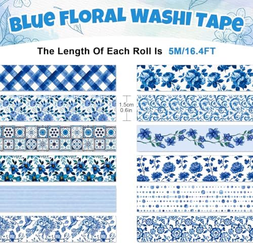 Whaline 12 Rolls Blue Floral Washi Tape Chinoiserie Masking Tape Set Toile Flower Leaves Plaid Striped Dots Decorative Wrapping Paper Tapes Boxed for Scrapbook Journal DIY Crafts