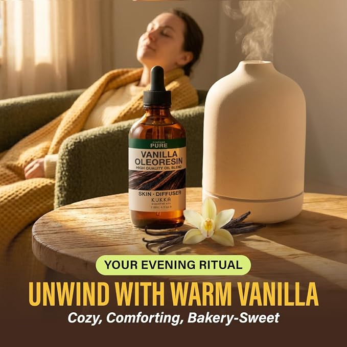 Kukka 100% Pure Vanilla Essential Oil for Skin, Diffuser, 4 Fl Oz | Vanilla Oleoresin, Long Lasting Scent for Diffuser, Aromatherapy, Perfume, Body and Massage Blends, Non-GMO, 118 mL