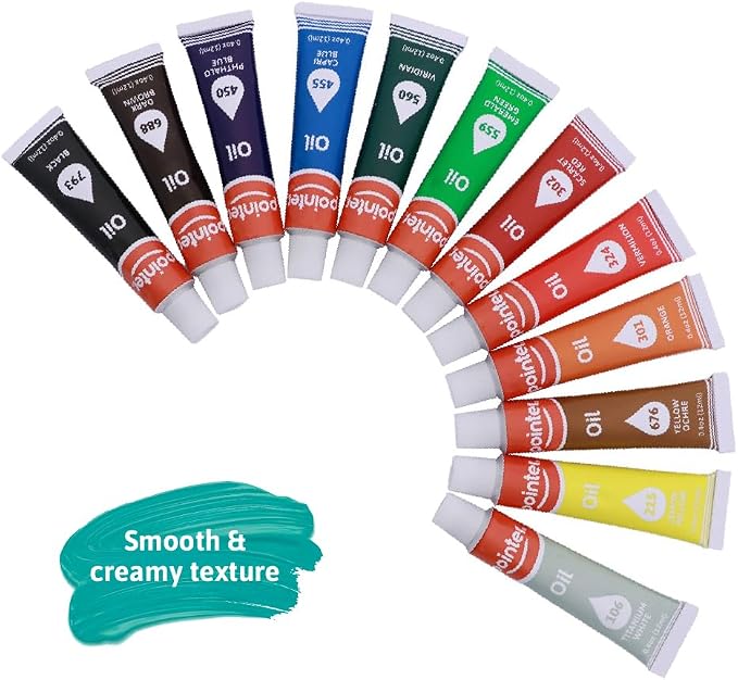 Pointer ArtPRO Oil Paint Set, 12 Colors, 0.4oz Tubes, Smooth Creamy Texture for Canvas and Fine Art