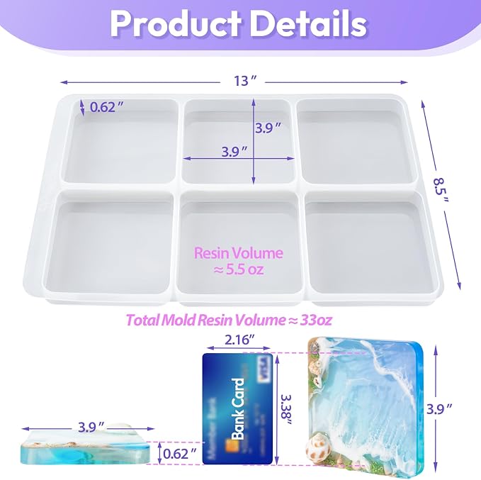 HeyClear Coaster Resin Molds Silicone, 6-Cavity Square Epoxy Resin Mold | for Crafts DIY Tray, Cup Coasters, Flower Bouquet Preservation, Resin Art, Home Decoration, Flexible, Easy to Clean & Demold
