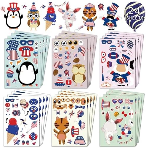 4th of July Stickers – 24 Sheets Patriotic USA Flag & Fireworks Decorative Stickers for Independence Day Party Decorations, DIY Crafts, Gift Wrapping & Scrapbooking