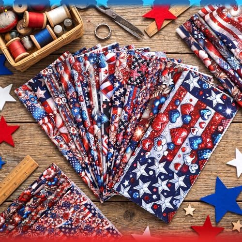 HunnmingRe 20 Pcs 10x10'' Patriotic Quilting Fabric Square 4th of July Precut Fabric Bundle American USA Flag Red White Blue Patchwork Material for Memorial Day Sewing DIY Craft 250 Anniversary