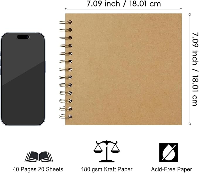 DIY Scrapbook Album 7x7 Inch, Hardcover Kraft Paper Scrap Book Photo Album, Blank Page Memory Scrap Book for DIY Crafts, Traveling, Wedding, Anniversary, Birthday, 40 Pages (20 Sheets), Khaki