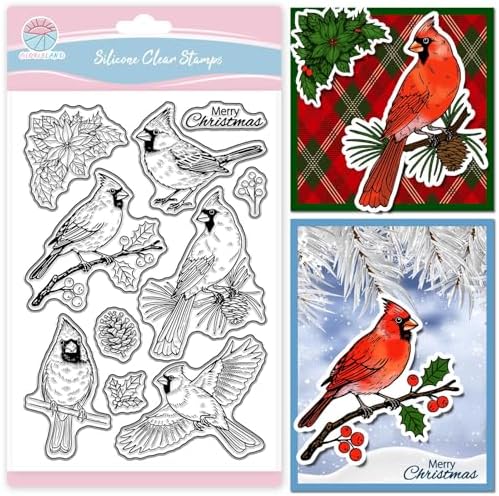 GLOBLELAND Christmas Cardinal Clear Stamps for Cards Making Winter Red Birds Transparent Stamp Mistletoe Silicone Stamps Seal for Christmas DIY Scrapbooking Photo Album Decor