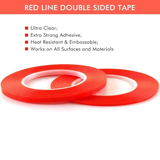 BAOFALI 4Pcs Double Sided Red Line Tape；2 Size Heat Resistant Super Sticky AdhesivesPerfect for Adhering Ribbon, Glitter, or Microbeads, Foiling, Making Boxes and Envelopes, DIY Scrapbooking