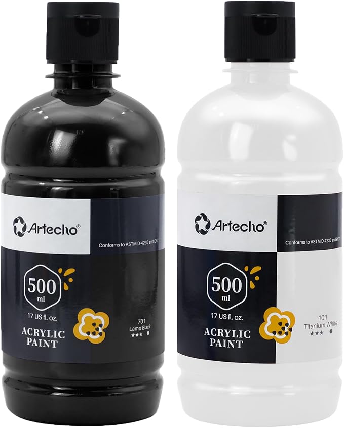 Artecho White and Black Acrylic Paint 500ml / 17oz Large Bottle