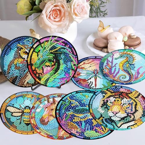 8 Pcs Diamond Art Coaster Kit for Adult with Holder, Diamond Coasters 4x4in