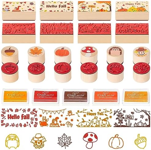 CUweipeng Fall Wooden Rubber Stamps Set Pumpkin Animal Stamp with Ink Pads