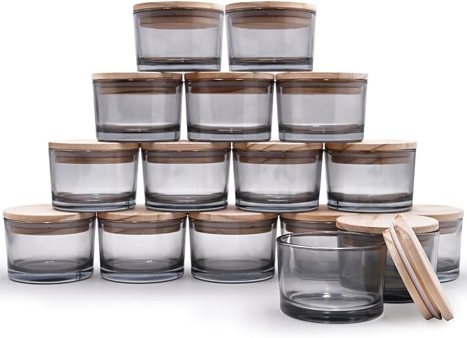 SHOWIN Thick Candle Jars for Making Candles 16 Pcs, 4 OZ Empty Jars with Wood Lids for Candle Making, Sample Container - Dishwasher Safe,Clear Gray