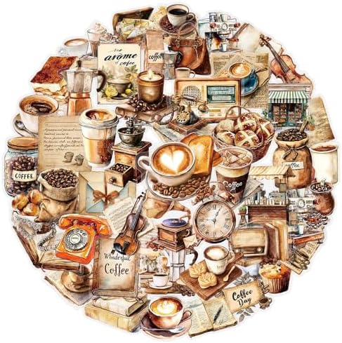 50Pcs Vintage Stickers,Waterproof Transparent PET Aesthetic Decorative Sticker Scrapbooking Supplies for Adult Card Making Letters Planner Journaling Junk Journal DIY Water Bottles Art Craft.Coffee