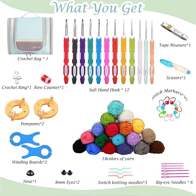 Yarniss Crochet Kits for Beginners,Complete Crochet Kit with Bag,Mint | 1050 Yards Crochet Yarn & 12 Size Ergonomic Crochet Hooks,Learn to Crochet with Step by Step Video Tutorial