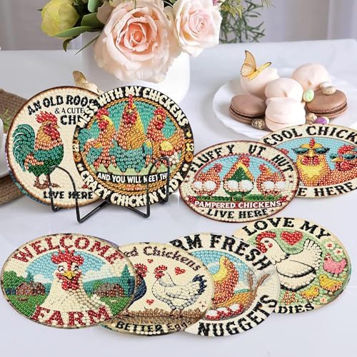 8 Pcs Chicken Diamond Art Coasters Kits, Diamond Painting Coasters Kits ﻿ ﻿
