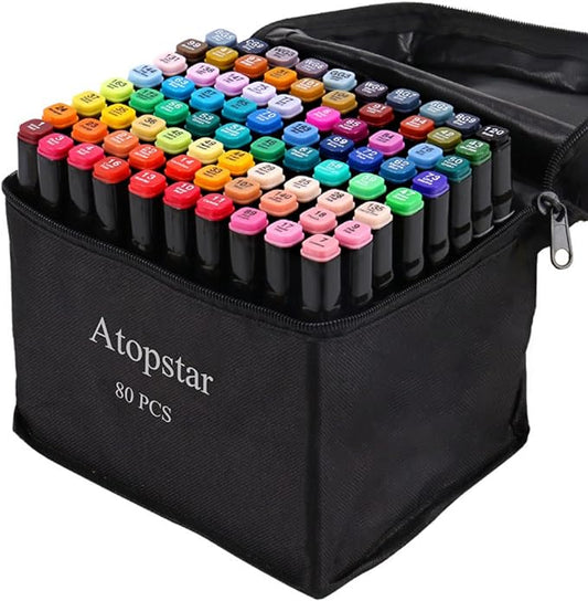 ATOPSTAR 80 Colors Alcohol Markers Pens Artist Drawing Art for Kids Dual Tip Adult Coloring Painting Supplies Perfect Boys Girls Students Adult(80 Black Shell)