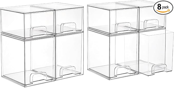 Vtopmart Clear Stackable Storage Drawers Set of 8, Plastic Organizer Bins | Multi-purpose Boxes for Baby Bottle Storage, Ideal for Kichen, Vanity, Bathroom, Undersink, Cabinet, Pantry Organization