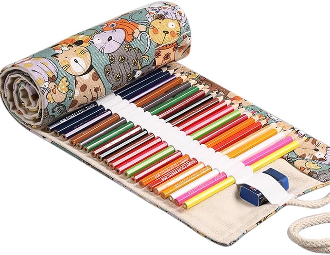 DIYOMR 24/36/72 Slots Pencil Wrap Pencil Rolls, Artist Colored Pencils Roll Up Bag Short Brushes Pouch Case Pencils Organizer for Drawing Coloring and Sketching, NO PENCILS (Cuddly Cat, 36slots)