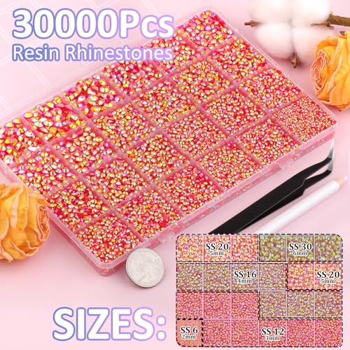 30000Pcs Red AB Rhinestones for Bedazzling with B7000 Jewelry Glue, Bedazzler Kit Bulk Flatback Gems, Resin Rhinestones for Crafting Crafts Clothing Shoes Fabric Nail Art Assorted Size 2/3/4/5/6mm
