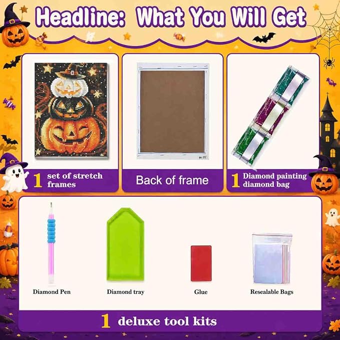 Halloween Diamond Art Kits for Adults with Frame,Pumpkin Diamond Painting