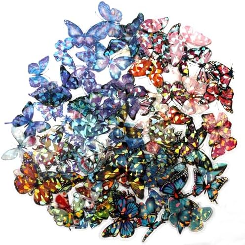100 Pcs Holographic Butterfly Stickers, 4-Color Iridescent Transparent Vinyl Stickers for Water Bottles, Scrapbooking Supplies Journaling Laptop Decals, Waterproof Cute Bulk Pack for Adults