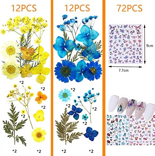 Cayway 4 Style Pressed Flowers Natural Dried Flowers Colorful Resin Flowers Real Pressed Flowers with Butterfly Sticker for Resin Scrapbooking DIY Art Crafts, Epoxy Resin Jewelry Supplies