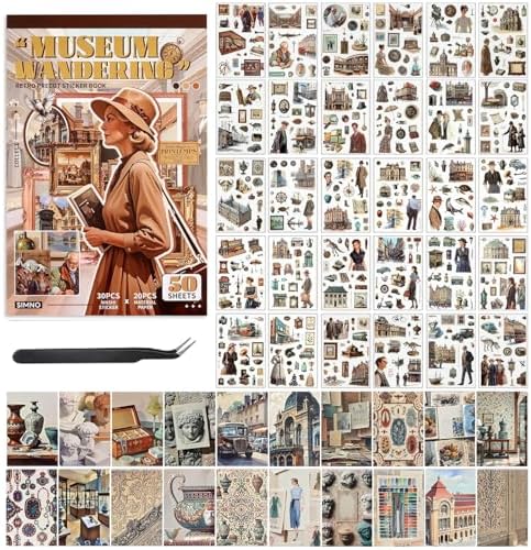 Vintage washi Stickers, Pre-Cut Ephemera Sticker Book for Journaling with 500 Scrapbook Stickers and 20 Scrapbook Papers, Aesthetic Junk Journal Supplies for Adults DIY Art Paper Crafts Collage