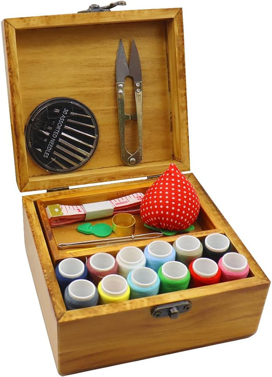Flytreal Sewing Kit Small Box Basket, Wooden Hand Home Sewing Repair Tool Kit, Beginner Universal Sew Kit Accessories for Women, Men, Adults, Girls, Kids