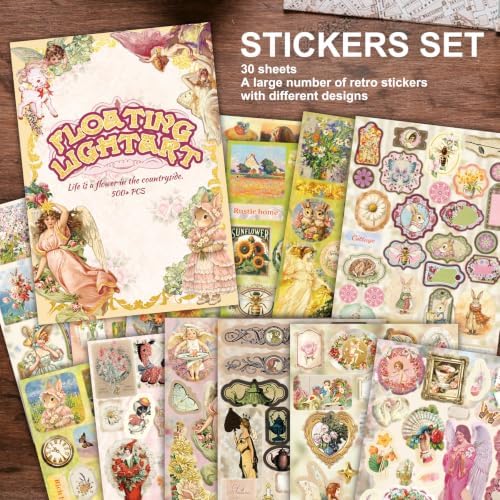 Cottagecore Vintage Floral Sticker Book 30 Sheets 500pcs Scrapbook Ephemera