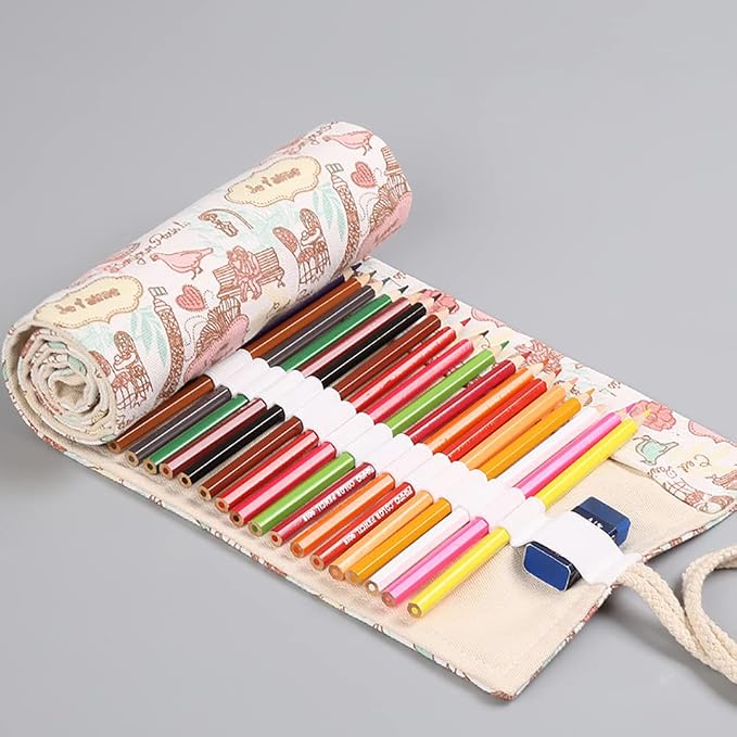 DIYOMR 24/36/72 Slots Pencil Wrap Pencil Rolls, Artist Colored Pencils Roll Up Bag Short Brushes Pouch Case Pencils Organizer for Drawing Coloring and Sketching,No Pencils (Paris Tower, 72slots)