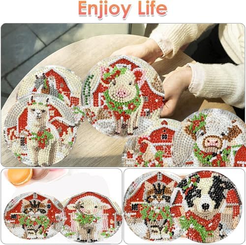 8 Pack Christmas Diamond Art Coasters Kits, (Cork Wooden Pad) 4x4 inch