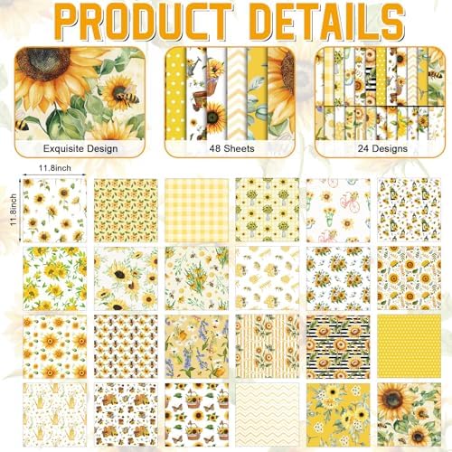 48 Sheets Sunflower Scrapbook Paper,Sunflower Pattern Decorative Scrapbook Paper for Journals DIY Cards and Photo Albums,Aesthetic Craft Supplies