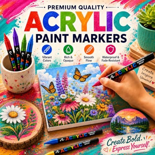 120 Colors Soft Brush Tip Acrylic Markers Set, Paint Pens for Rock, Wood, Fabric, Canvas, Glass, DIY Crafts, Waterproof Paint Markers, Vibrant Acrylic Pens for Artists and Art Projects