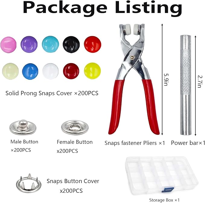 GRSECPO 800-Piece Stainless Steel Snap Button Kit with Pliers, 10 Colors