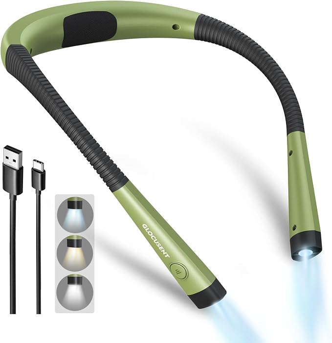 Glocusent Reading Light LED Neck Light,80-hr Rechargeable Book Light | 3-Color&6-Brightness,USB-C,Green Neck Reading Light,Women,Travel,Portable,Repairing,Crochet,Christmas,Book Lovers Gifts