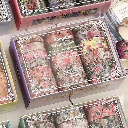 Floral Washi Tape Set - 15 Rolls Flowers Arts Adhesive Tapes Garden Blooms Decorative Masking Tape Sets for Craft, Kids, Scrapbook, DIY, Gift Wrloapping (6-Vintage Floral)