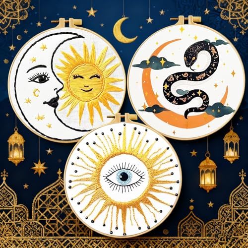 Zhenqing Celestial Embroidery Kit for Beginners, 3-Piece Moon Sun Snake Eye Needlework Set with Pre-Printed Fabric, Hoop, Threads & Tools (C0157)