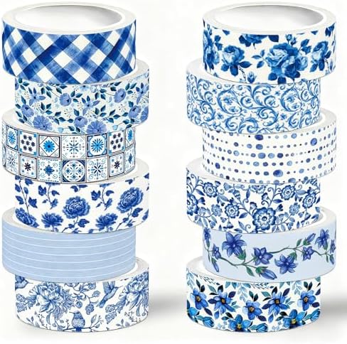 Whaline 12 Rolls Blue Floral Washi Tape Chinoiserie Masking Tape Set Toile Flower Leaves Plaid Striped Dots Decorative Wrapping Paper Tapes Boxed for Scrapbook Journal DIY Crafts